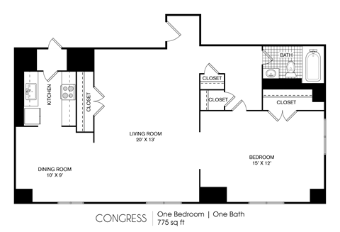 Floor plan for 1 bed, 1 bath, 745 sqft